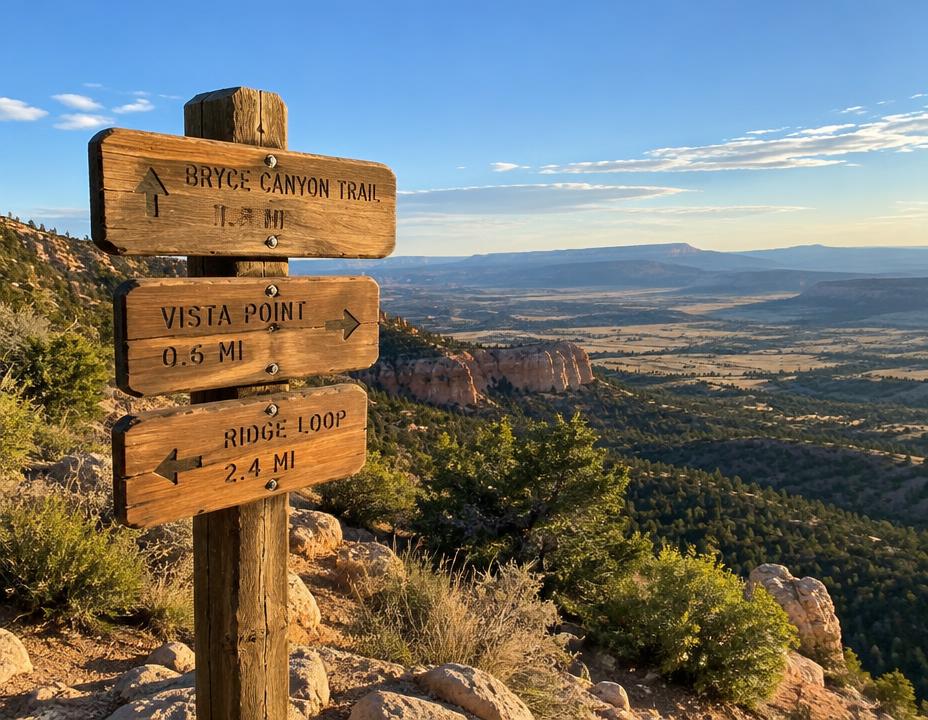 Trail signpost overlooking a Northern Arizona valley